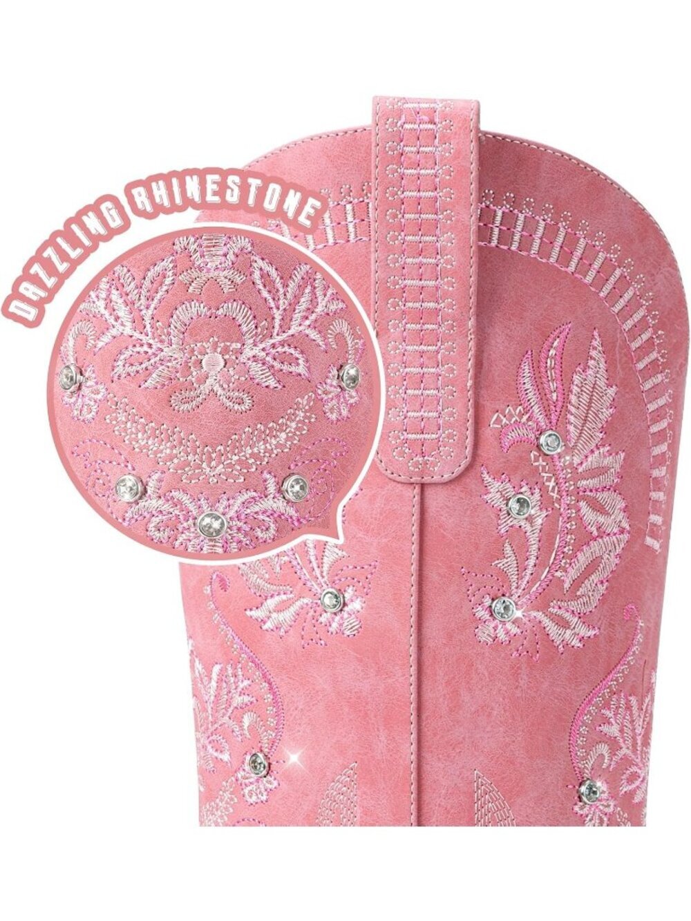 Women's Pink Rubber Knee High Western Cowgirl Sparkly Rhinestone Heeled Boots - Picture 4 of 4